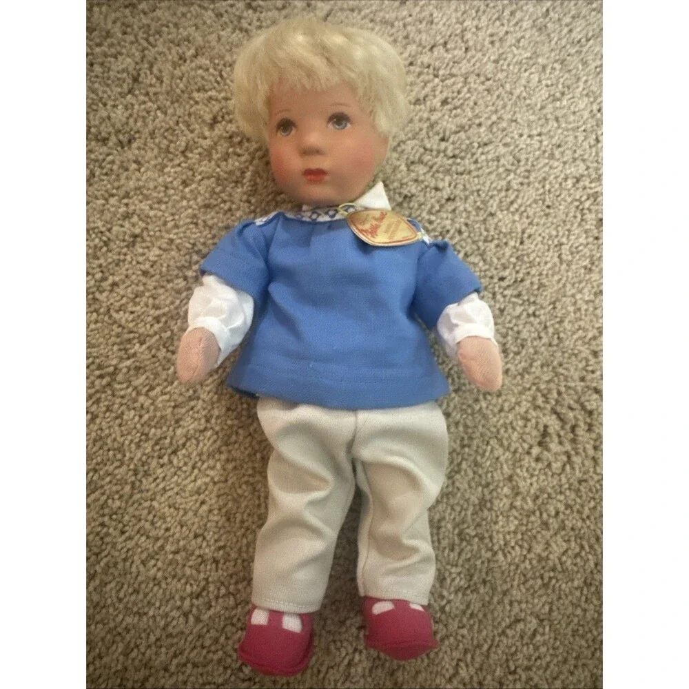 Kathe Kruse Blonde Boy Doll in Blue and Tan 10